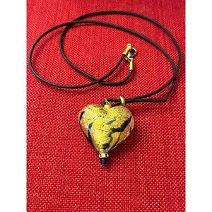 Pretty puffed blown glass vintage gold, cobalt blue heart on leather chain